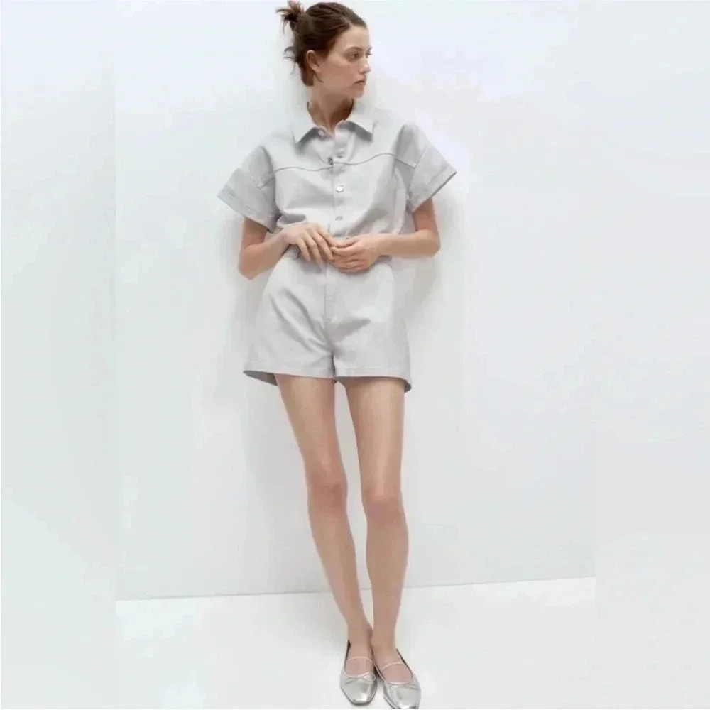 NWT ZARA Metallic Denim 100% Cotton DustyBlue Shimmer Short Romper 6929/201 Sz S